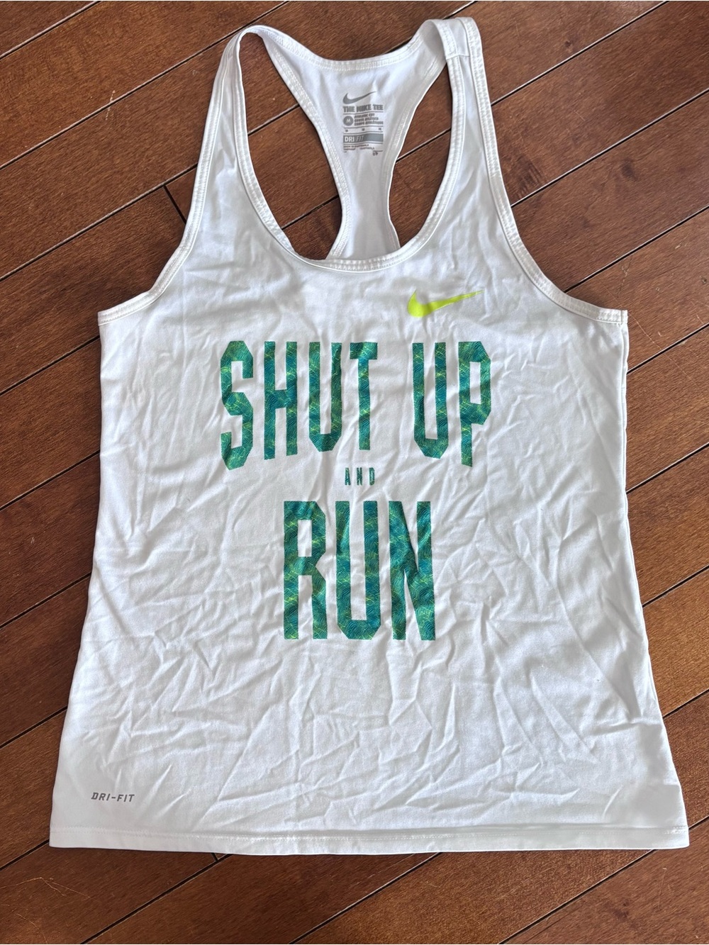 Nike White Racerback Tank with Green Text and Neon Swoosh